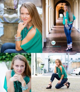 Green split shoulder top, bling jeans and green beaded jewelry 