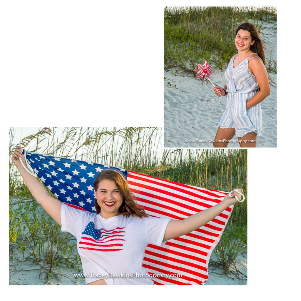 4th of July, Senior holding flag, beach, New Smyrna Beach